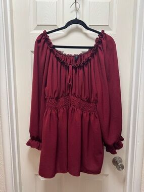 Women’s Long Sleeve Smocked Waist Peasant Top - Burgundy